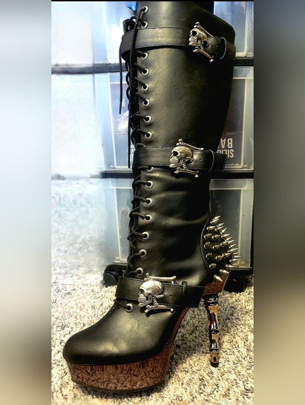 Demonia muerto 2028 chrome bone spiked heel skull buckle lace up boots 11 BNIB - Picture 16 of 17